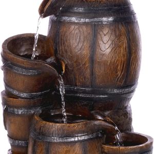 Alpine Corporation ZEN409S 24" Indoor/Outdoor Floor Tiered Barrels and Buckets Fountain, Rustic 4-Tier – Water Feature for Garden, Patio, and Home Décor, Brown