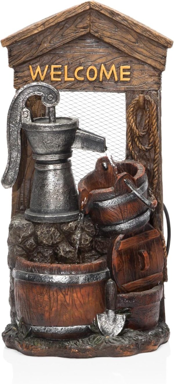 Alpine Corporation ZEN409S 24" Indoor/Outdoor Floor Tiered Barrels and Buckets Fountain, Rustic 4-Tier – Water Feature for Garden, Patio, and Home Décor, Brown - Image 2