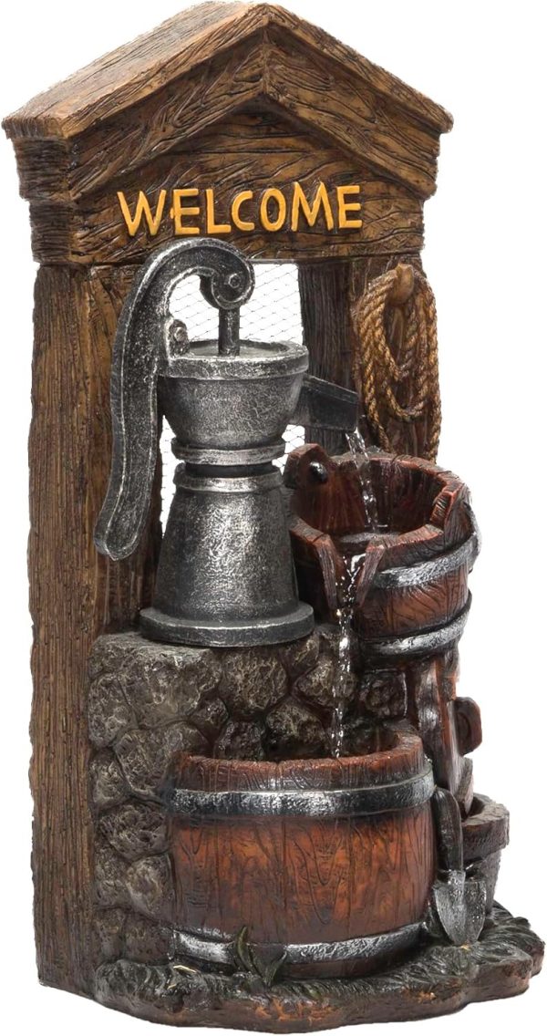 Alpine Corporation ZEN409S 24" Indoor/Outdoor Floor Tiered Barrels and Buckets Fountain, Rustic 4-Tier – Water Feature for Garden, Patio, and Home Décor, Brown - Image 11