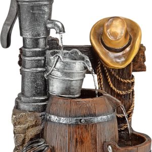 Alpine Corporation 26" Tall Outdoor Vintage Pump and Barrel with Cowboy Hat Fountain Yard Art Decor