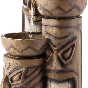 Alpine Corporation GIL838 Outdoor Floor 3-Tiered Soothing Polynesian Tiki Head Bowl Waterfall Fountain, 29", Brown
