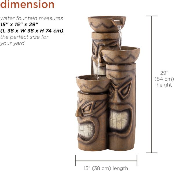 Alpine Corporation GIL838 Outdoor Floor 3-Tiered Soothing Polynesian Tiki Head Bowl Waterfall Fountain, 29", Brown - Image 13
