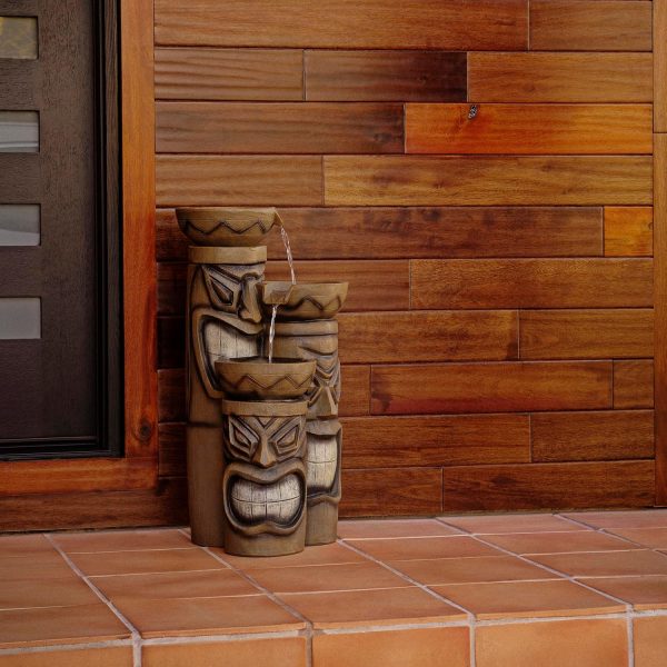 Alpine Corporation GIL838 Outdoor Floor 3-Tiered Soothing Polynesian Tiki Head Bowl Waterfall Fountain, 29", Brown - Image 14