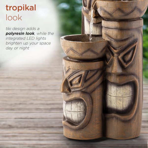 Alpine Corporation GIL838 Outdoor Floor 3-Tiered Soothing Polynesian Tiki Head Bowl Waterfall Fountain, 29", Brown - Image 15