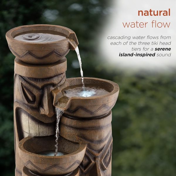 Alpine Corporation GIL838 Outdoor Floor 3-Tiered Soothing Polynesian Tiki Head Bowl Waterfall Fountain, 29", Brown - Image 16
