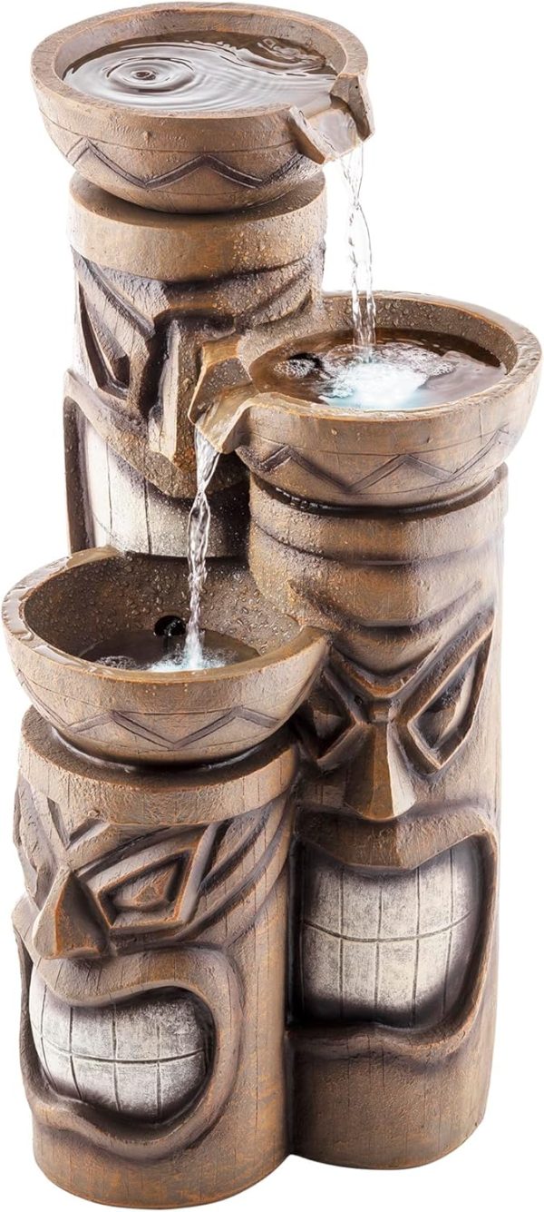 Alpine Corporation GIL838 Outdoor Floor 3-Tiered Soothing Polynesian Tiki Head Bowl Waterfall Fountain, 29", Brown - Image 19