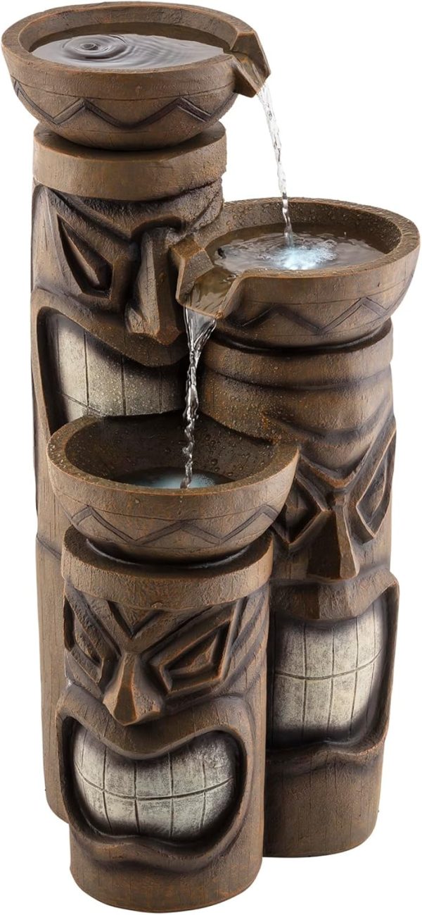 Alpine Corporation GIL838 Outdoor Floor 3-Tiered Soothing Polynesian Tiki Head Bowl Waterfall Fountain, 29", Brown - Image 21