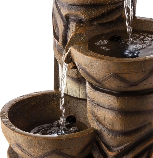 Alpine Corporation GIL838 Outdoor Floor 3-Tiered Soothing Polynesian Tiki Head Bowl Waterfall Fountain, 29", Brown - Image 22