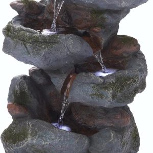 Alpine Corporation WIN582 22" Outdoor 3-Tier Rock Waterfall Fountain with LED Lights for Garden, Patio, Yard, and Porch Decor, Natural Stone Look, Gray