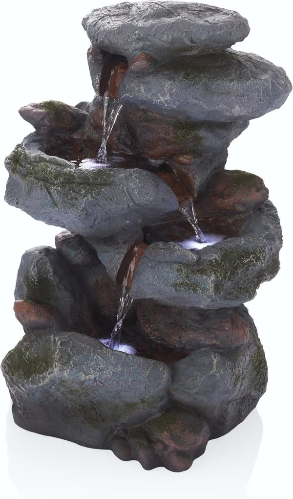 Alpine Corporation WIN582 22" Outdoor 3-Tier Rock Waterfall Fountain with LED Lights for Garden, Patio, Yard, and Porch Decor, Natural Stone Look, Gray