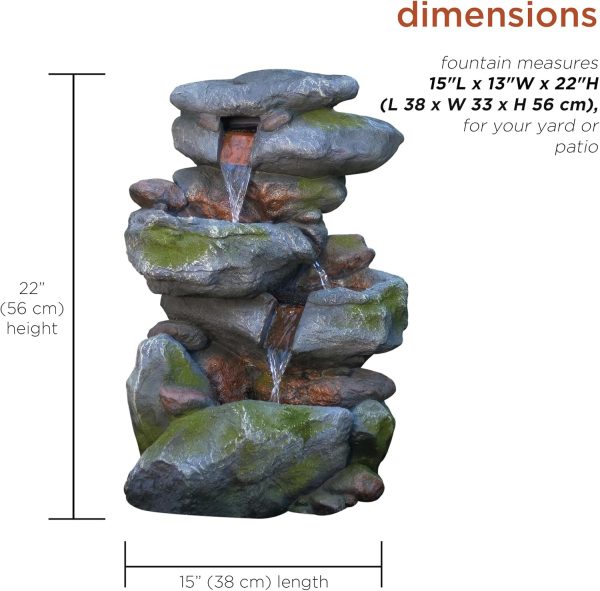 Alpine Corporation WIN582 22" Outdoor 3-Tier Rock Waterfall Fountain with LED Lights for Garden, Patio, Yard, and Porch Decor, Natural Stone Look, Gray - Image 2