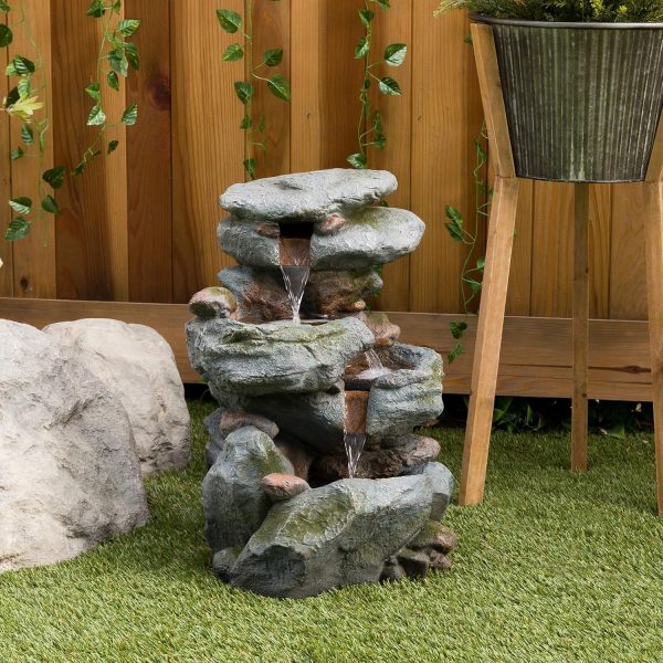 Alpine Corporation WIN582 22" Outdoor 3-Tier Rock Waterfall Fountain with LED Lights for Garden, Patio, Yard, and Porch Decor, Natural Stone Look, Gray - Image 3
