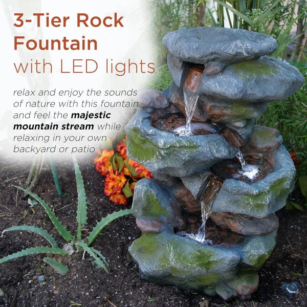 Alpine Corporation WIN582 22" Outdoor 3-Tier Rock Waterfall Fountain with LED Lights for Garden, Patio, Yard, and Porch Decor, Natural Stone Look, Gray - Image 4