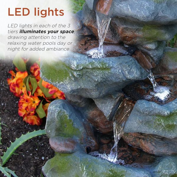 Alpine Corporation WIN582 22" Outdoor 3-Tier Rock Waterfall Fountain with LED Lights for Garden, Patio, Yard, and Porch Decor, Natural Stone Look, Gray - Image 5