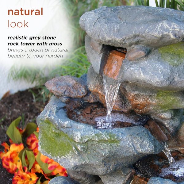 Alpine Corporation WIN582 22" Outdoor 3-Tier Rock Waterfall Fountain with LED Lights for Garden, Patio, Yard, and Porch Decor, Natural Stone Look, Gray - Image 7