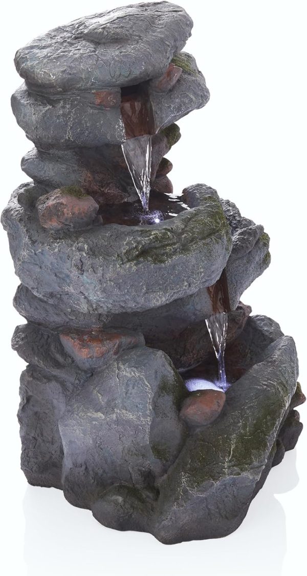 Alpine Corporation WIN582 22" Outdoor 3-Tier Rock Waterfall Fountain with LED Lights for Garden, Patio, Yard, and Porch Decor, Natural Stone Look, Gray - Image 8