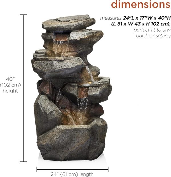 Alpine Corporation WIN582 22" Outdoor 3-Tier Rock Waterfall Fountain with LED Lights for Garden, Patio, Yard, and Porch Decor, Natural Stone Look, Gray - Image 24