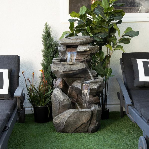 Alpine Corporation WIN582 22" Outdoor 3-Tier Rock Waterfall Fountain with LED Lights for Garden, Patio, Yard, and Porch Decor, Natural Stone Look, Gray - Image 25