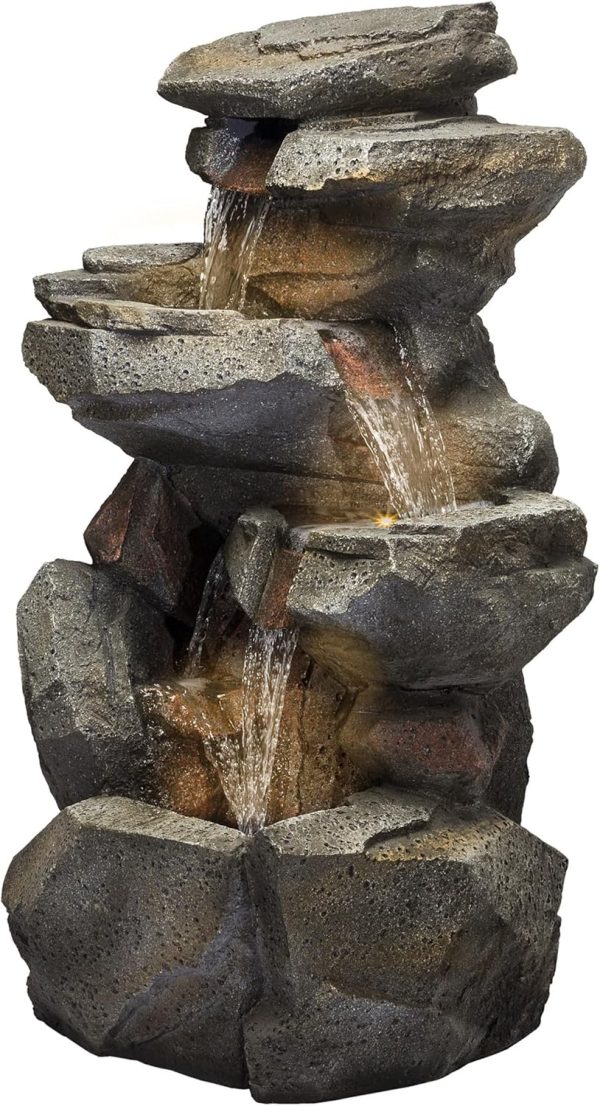 Alpine Corporation WIN582 22" Outdoor 3-Tier Rock Waterfall Fountain with LED Lights for Garden, Patio, Yard, and Porch Decor, Natural Stone Look, Gray - Image 31
