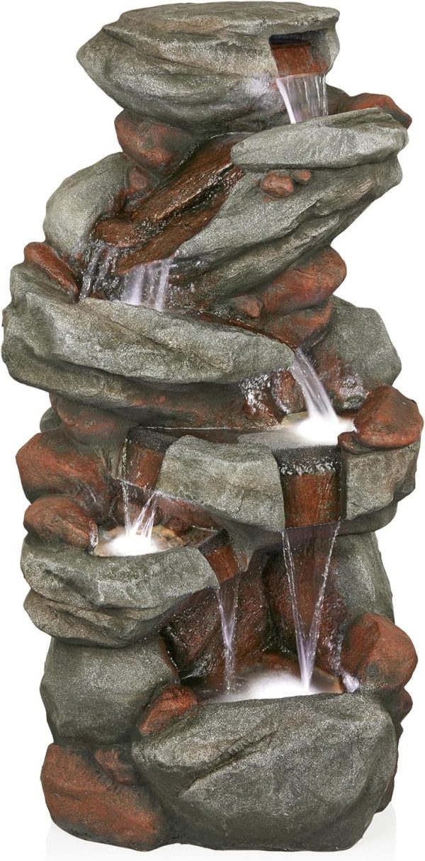 Alpine Corporation WIN582 22" Outdoor 3-Tier Rock Waterfall Fountain with LED Lights for Garden, Patio, Yard, and Porch Decor, Natural Stone Look, Gray - Image 45