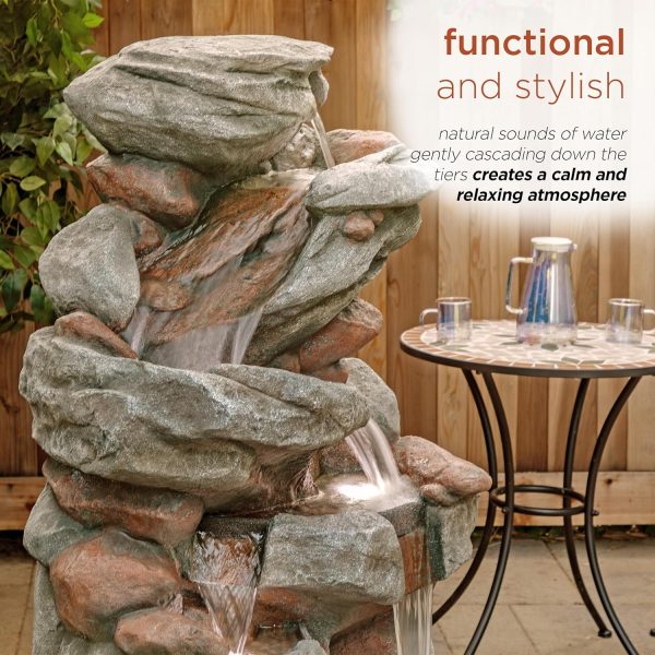 Alpine Corporation WIN582 22" Outdoor 3-Tier Rock Waterfall Fountain with LED Lights for Garden, Patio, Yard, and Porch Decor, Natural Stone Look, Gray - Image 55