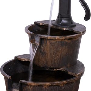 Alpine Corporation - Outdoor Rustic 2-Tiered Barrel and Pump Water Fountain – Bronze Finish, Relaxing Water Flow, Ideal for Garden, Patio, & Yard Décor, 27"H