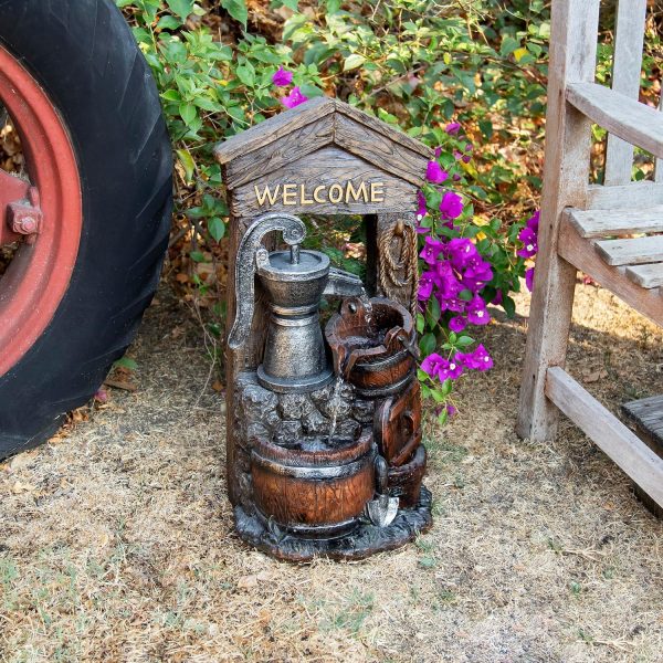 Alpine Corporation - Outdoor Rustic 2-Tiered Barrel and Pump Water Fountain – Bronze Finish, Relaxing Water Flow, Ideal for Garden, Patio, & Yard Décor, 27"H - Image 4