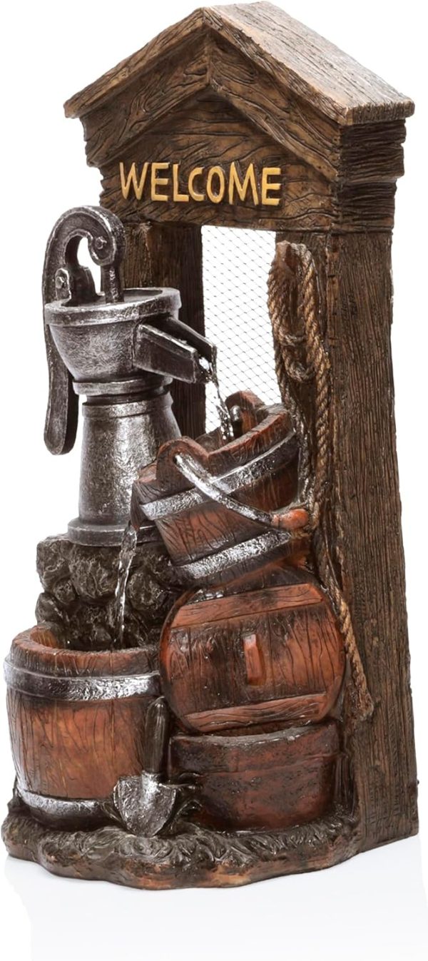 Alpine Corporation - Outdoor Rustic 2-Tiered Barrel and Pump Water Fountain – Bronze Finish, Relaxing Water Flow, Ideal for Garden, Patio, & Yard Décor, 27"H - Image 9