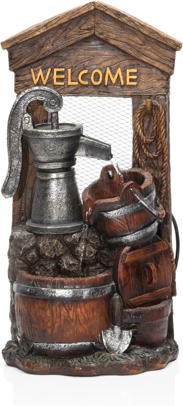 Alpine Corporation - Outdoor Rustic 2-Tiered Barrel and Pump Water Fountain – Bronze Finish, Relaxing Water Flow, Ideal for Garden, Patio, & Yard Décor, 27"H - Image 10