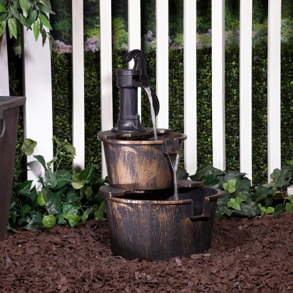 Alpine Corporation - Outdoor Rustic 2-Tiered Barrel and Pump Water Fountain – Bronze Finish, Relaxing Water Flow, Ideal for Garden, Patio, & Yard Décor, 27"H - Image 12