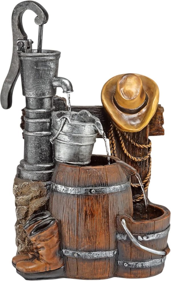 Alpine Corporation - Outdoor Rustic 2-Tiered Barrel and Pump Water Fountain – Bronze Finish, Relaxing Water Flow, Ideal for Garden, Patio, & Yard Décor, 27"H - Image 20