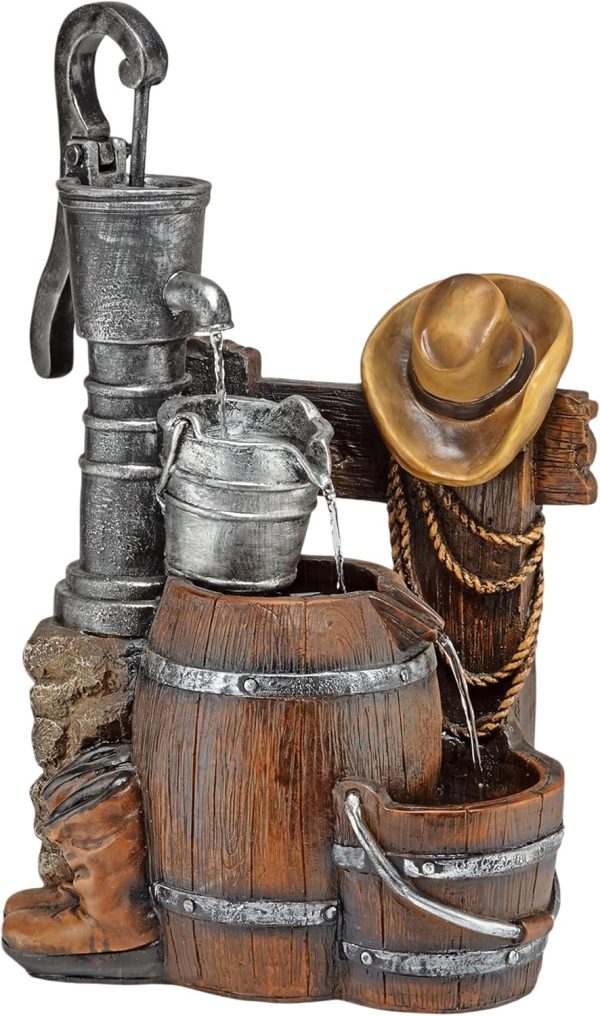 Alpine Corporation - Outdoor Rustic 2-Tiered Barrel and Pump Water Fountain – Bronze Finish, Relaxing Water Flow, Ideal for Garden, Patio, & Yard Décor, 27"H - Image 26
