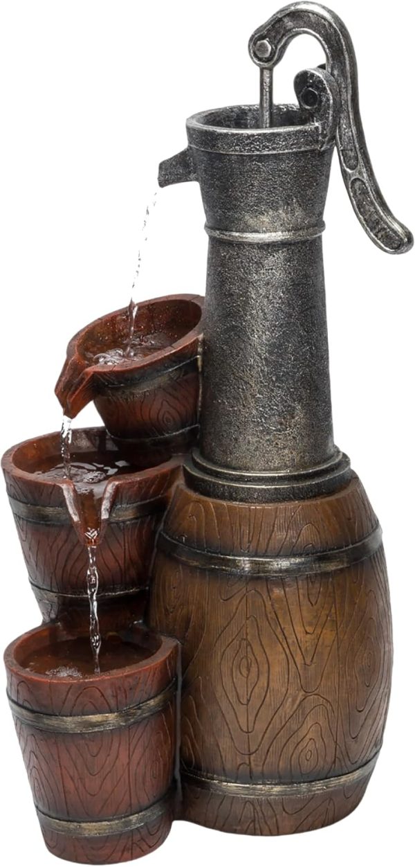 Alpine Corporation - Outdoor Rustic 2-Tiered Barrel and Pump Water Fountain – Bronze Finish, Relaxing Water Flow, Ideal for Garden, Patio, & Yard Décor, 27"H - Image 41
