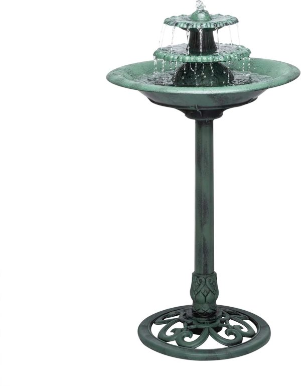 Alpine Corporation TEC106 Outdoor 3 Tiered Pedestal Water Fountain and Birdbath for Garden, Patio, Yard, and Deck, 35" Tall, Green